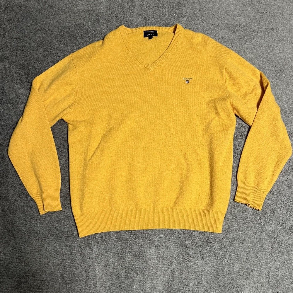 Gant Lambswool Jumper Mens 2XL Yellow Long Sleeve Regular V Neck Sweater